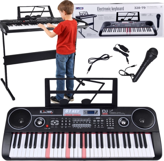 Elektronický kláves s 61 podsvietenými klávesmi so stojanom a mikrofónom