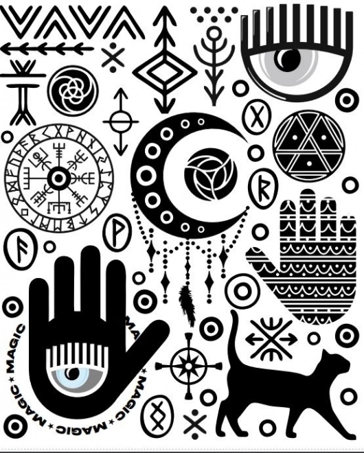 Nažehľovacie nášivky – mystické symboly, veľký arch 20 × 30 cm