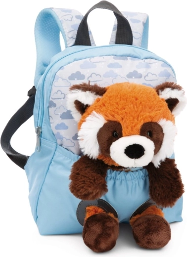 NICI detský batoh so zvieratkom – červená panda, modrý s obláčikmi 21 × 26 cm