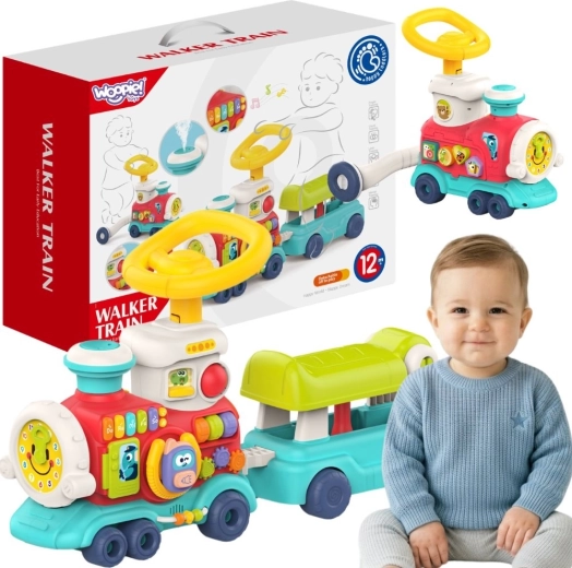 Woopie Baby interaktívna lokomotíva 2v1 – tlačiace chodítko a odrážadlo s parou