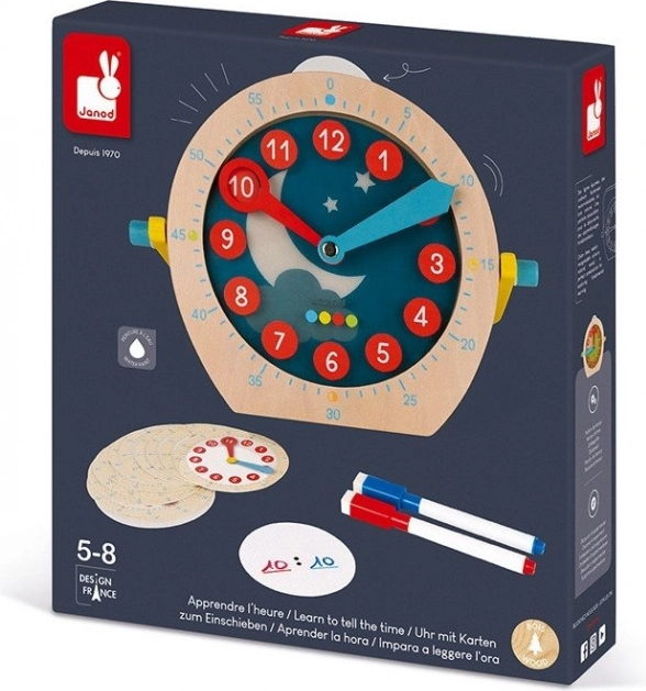 Janod drevené výučbové hodiny so stierateľnými kartami