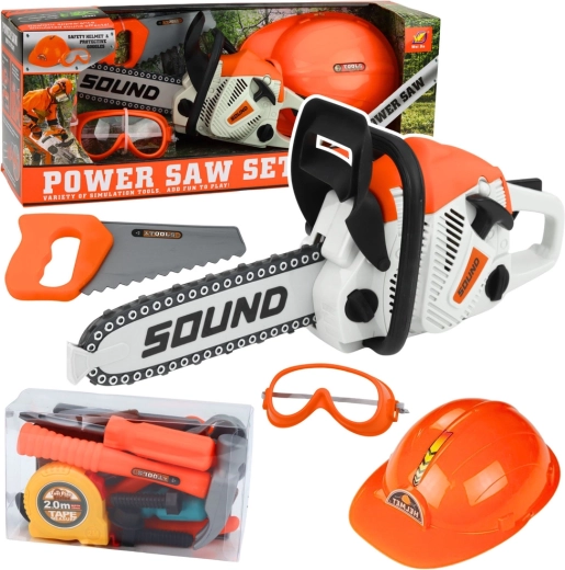Detská sada náradia s motorovou pílou, prilbou a okuliarmi so zvukmi