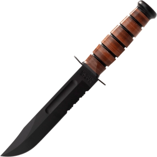 Taktický nôž KA-BAR USMC s čiastočne zubatým ostrím, kožená rukoväť a puzdro