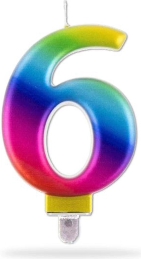 Dúhová narodeninová sviečka číslo 6 na tortu, 7,5 cm