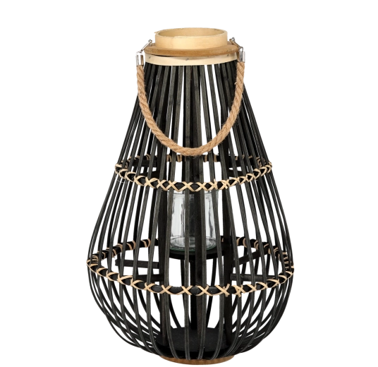 Drevený lampáš so sklenenou vložkou, čierny, 32 × 57 cm