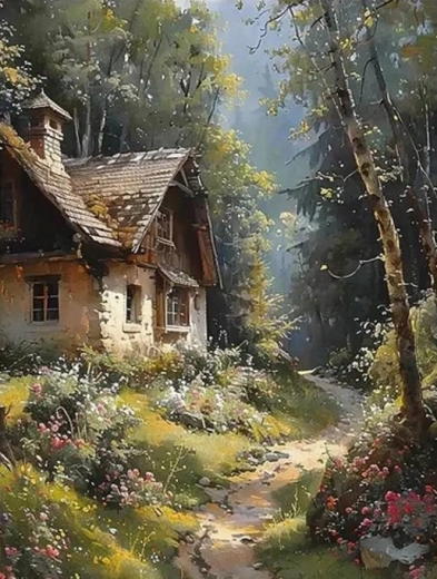 Norimpex maľovanie podľa čísel Chata na lesnej ceste 40 × 50 cm