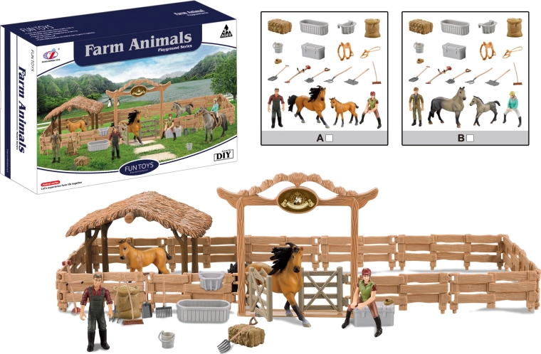 Veľká ohrada pre kone s jazdcom – zvieratká z farmy