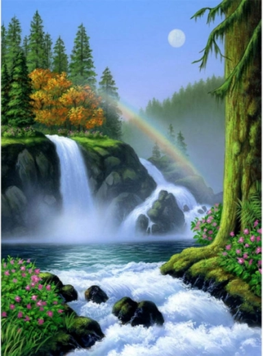 Diamantová mozaika (diamond painting) vodopád s dúhou 30 × 40 cm - 1 kus
