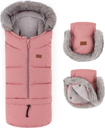 Petite&Mars zimný set fusak Arctic 4v1 a rukavice na kočík Furry old rose