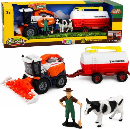 Kombajn s cisternou na mlieko, figúrkami farmára a kravy so svetlami a zvukmi (4 ks)