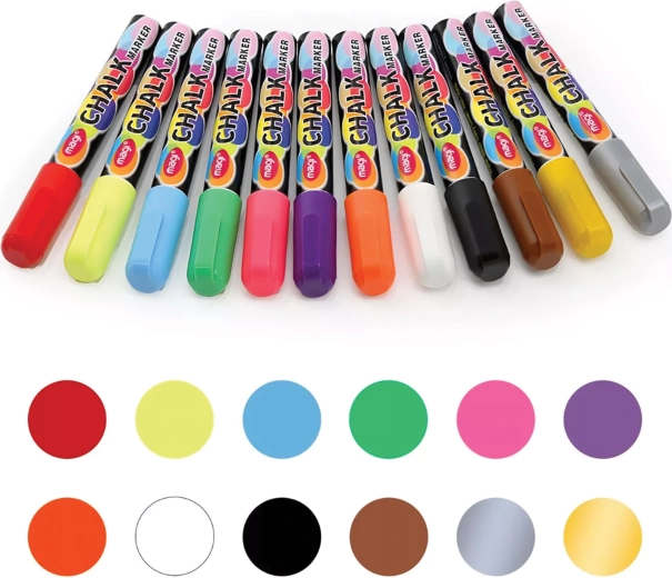 Sada tekutých kriedových popisovačov na tabule a sklo, 12 farieb, 6 mm