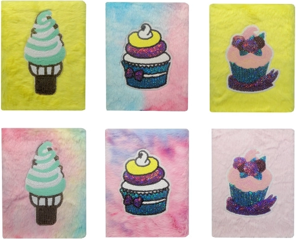 Plyšový denník s flitrovými muffinom a zmrzlinou