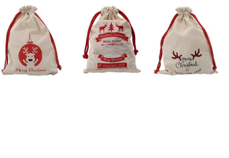 Vianočné darčekové vrecko z bavlny 28 × 40 cm, prírodné, mix vzorov (balenie 15 ks)