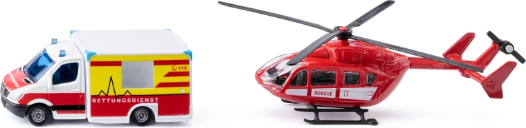 Siku super – sanitka Mercedes‑Benz a vrtuľník EUROCOPTER EC145, set 1:87