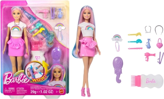Barbie bábika s dúhovými vlasmi a trblietavým stylingom