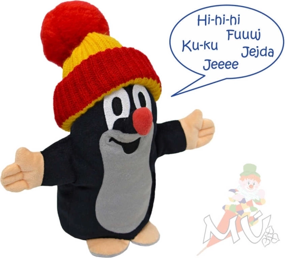 Moravská ústredňa Krtko hovoriaci plyšový maňuška na ruku s červeným kulichom 25 cm - 1 kus