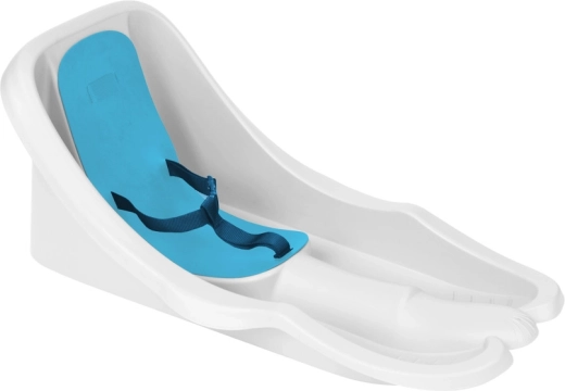 Detský bob s operadlom a pásom, biely s modrým sedadlom