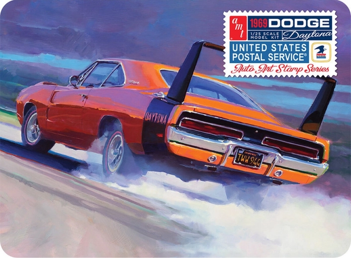 AMT plastový model 1969 Dodge Charger Daytona 1:25 (USPS Stamp Series Collector Tin)