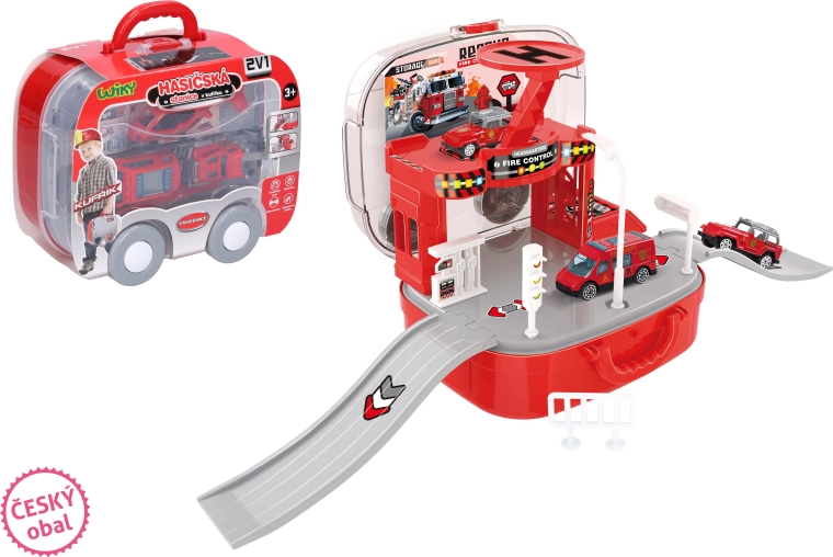 Hasičská stanica v kufríku s autami a vrtuľníkom
