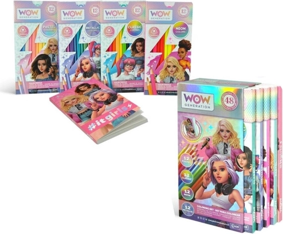 Súprava písacích potrieb – pastelové, klasické, neónové a metalické pastelky + zošit