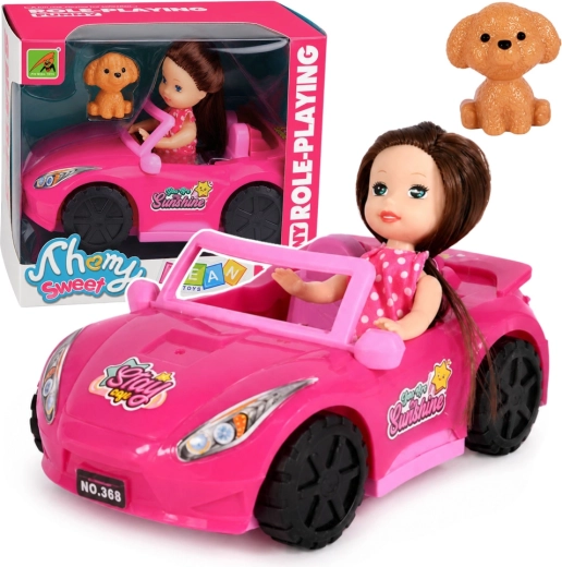 Mini bábika v ružovom kabriolete so psíkom