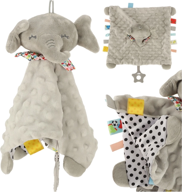 Senzorická hračka šuštiaci slon s farebnými visačkami