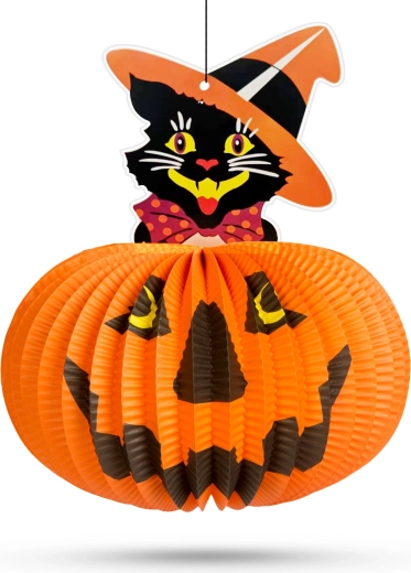Halloweensky papierový lampión tekvica s motívom mačky – 1 kus