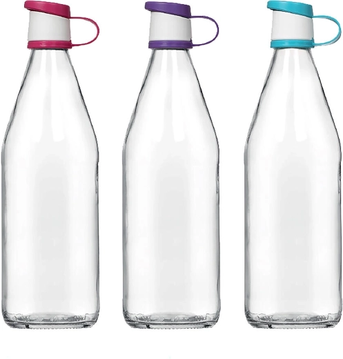 Sklenená fľaša 1 l s plastovým viečkom, mix farieb