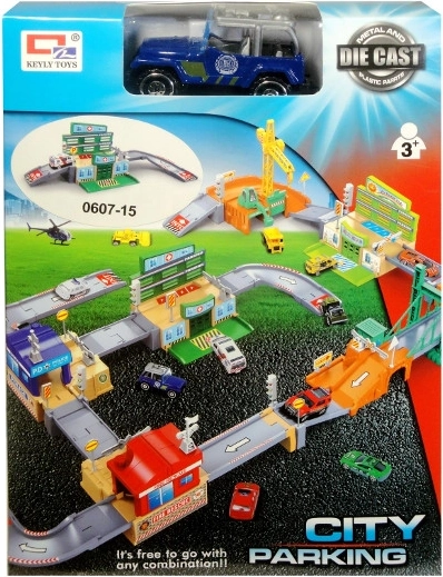 Mestské parkovisko s kovovým autíčkom a doplnkami