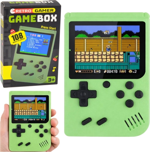 Prenosná retro herná konzola s LCD displejom, 108 hier, zelená