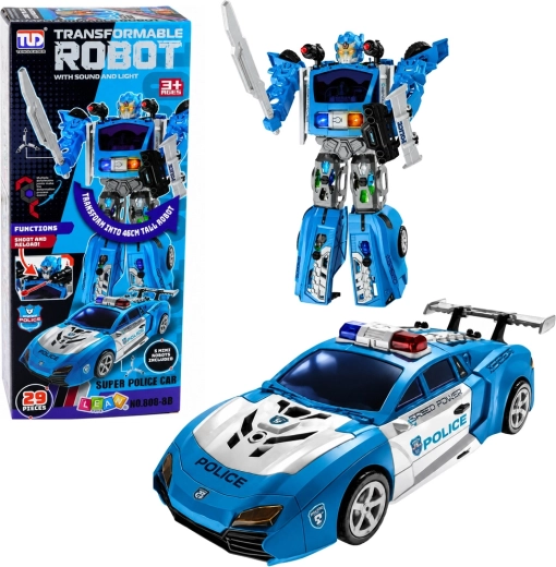 Policajný robot 2v1 so športovým policajným autom, svetlá, zvuky a vystreľovač – 29 dielov
