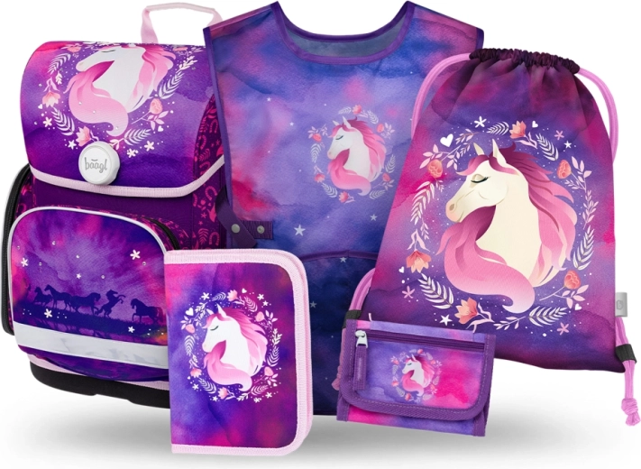 Baagl školský set 5 dielov Ergo Kôň – aktovka, peračník, vrecko na obuv, zástera a peňaženka