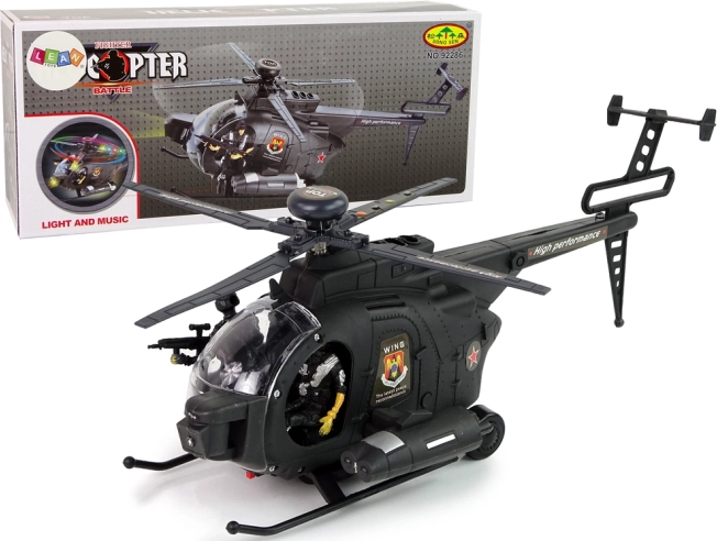 Vojenský vrtuľník s krídlami a svetelnými efektmi na batérie