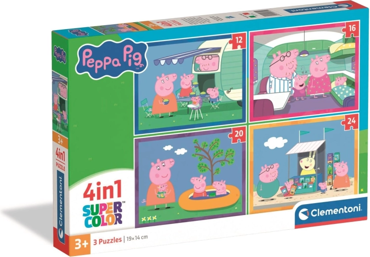 Puzzle CLEMENTONI Prasiatko PEPPA 4v1 – cestovanie (12, 16, 20, 24 dielikov)