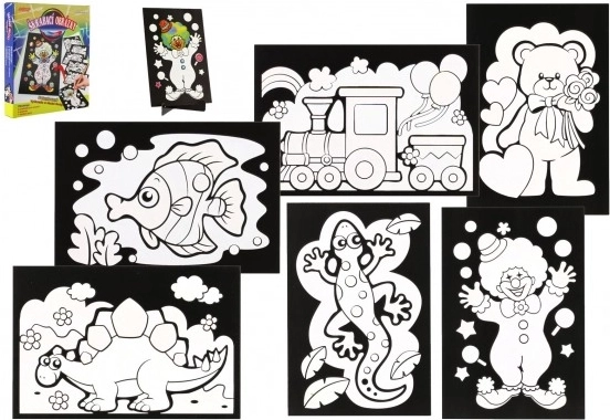 Škrabací obrázok 6 ks farebný + 6 ks stojančekov v krabici 19 × 22 × 6,5 cm