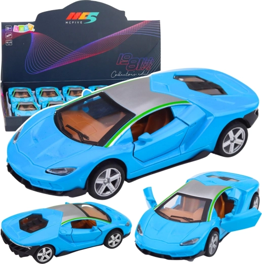 Kovový športový voz 1:32 s pohonom, svetlami a zvukmi – modrý