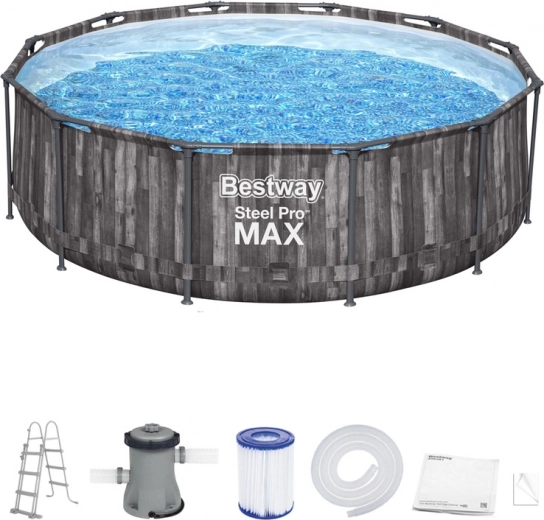 Záhradný bazén BESTWAY Steel Pro MAX 366 × 100 cm s dreveným dekorom, set 8v1