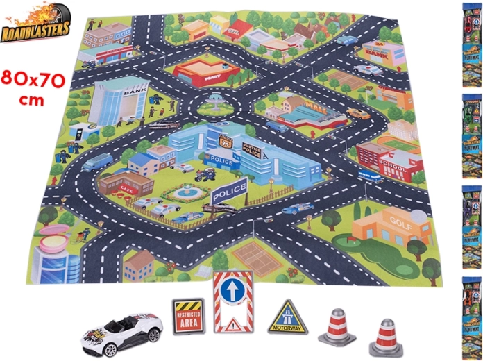 Dopravný koberec Roadblasters 80 × 70 cm s autíčkom a značkami