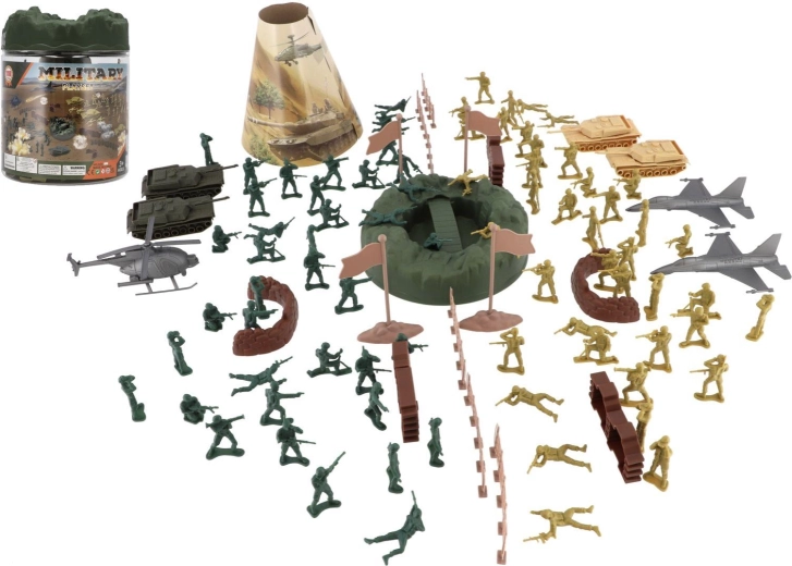 vojenská sada vojačikov 110 ks v plastovej dóze