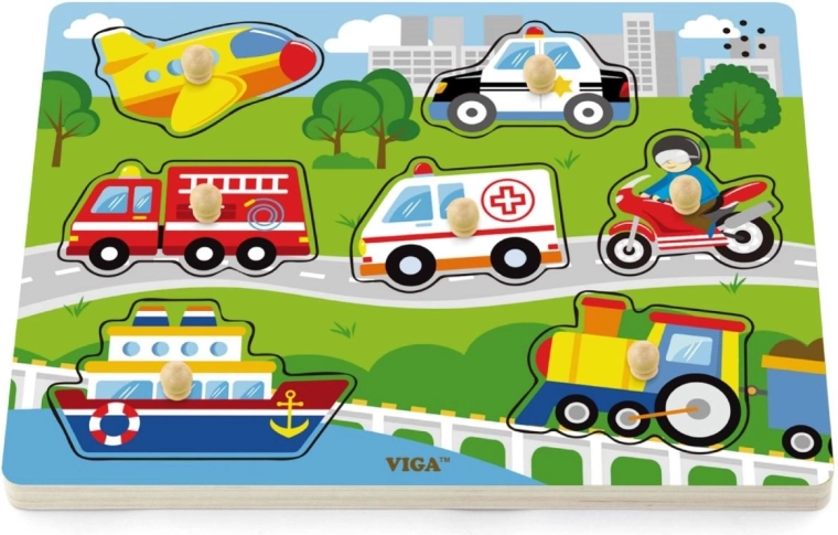 Drevené zvukové puzzle dopravné prostriedky Viga