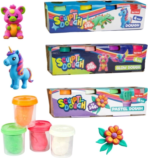 Modelína 4×140 g v kelímku – klasická, pastelová alebo svietiaca