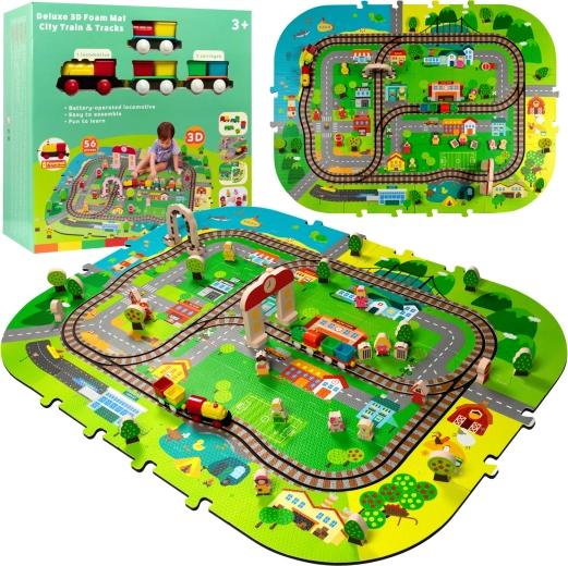 Penená 3D mestská podložka s vláčikom na batérie, koľajami a doplnkami 56 ks HUMBI