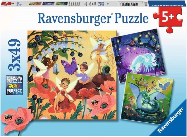 Ravensburger puzzle víly, drak a jednorožec – 3×49 dielikov