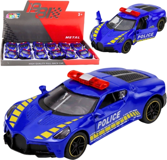 Kovové policajné športové auto 1:43 s pull-back pohonom a otváracími dverami – modré