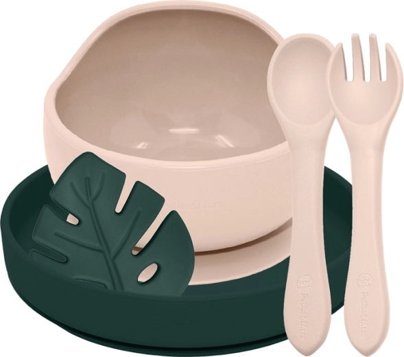 Petite&Mars silikónový jedálenský set Take&Match 4 ks desert sand / misty green (6m+)