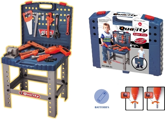Detský kufríkový dielenský stôl s náradím a elektrickou vŕtačkou