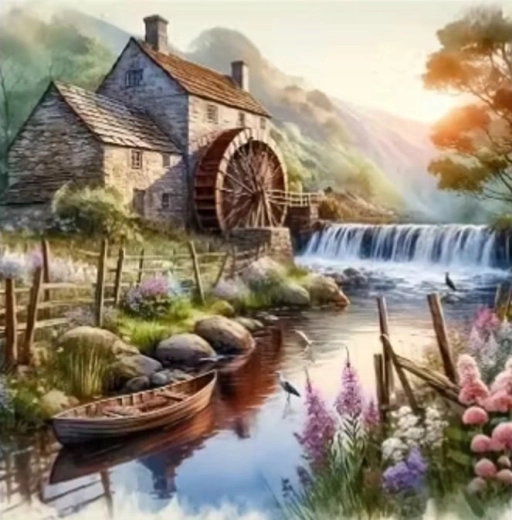 Norimpex diamantové maľovanie mlyn na rieke s loďkou 30 × 40 cm