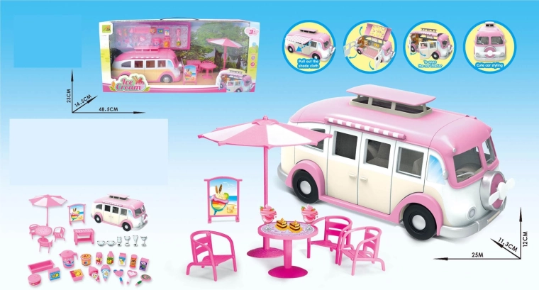 Ružový rozkladací karavan so zmrzlinárňou a bohatým príslušenstvom