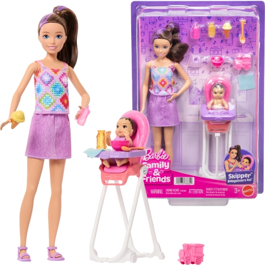 Bábika Barbie Skipper opatrovateľka s bábätkom a jedálenskou stoličkou