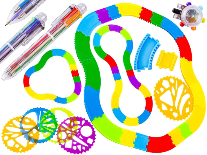 Spirograf – kresliaca sada s modulárnou dráhou, šablónami a viacfarebným perom